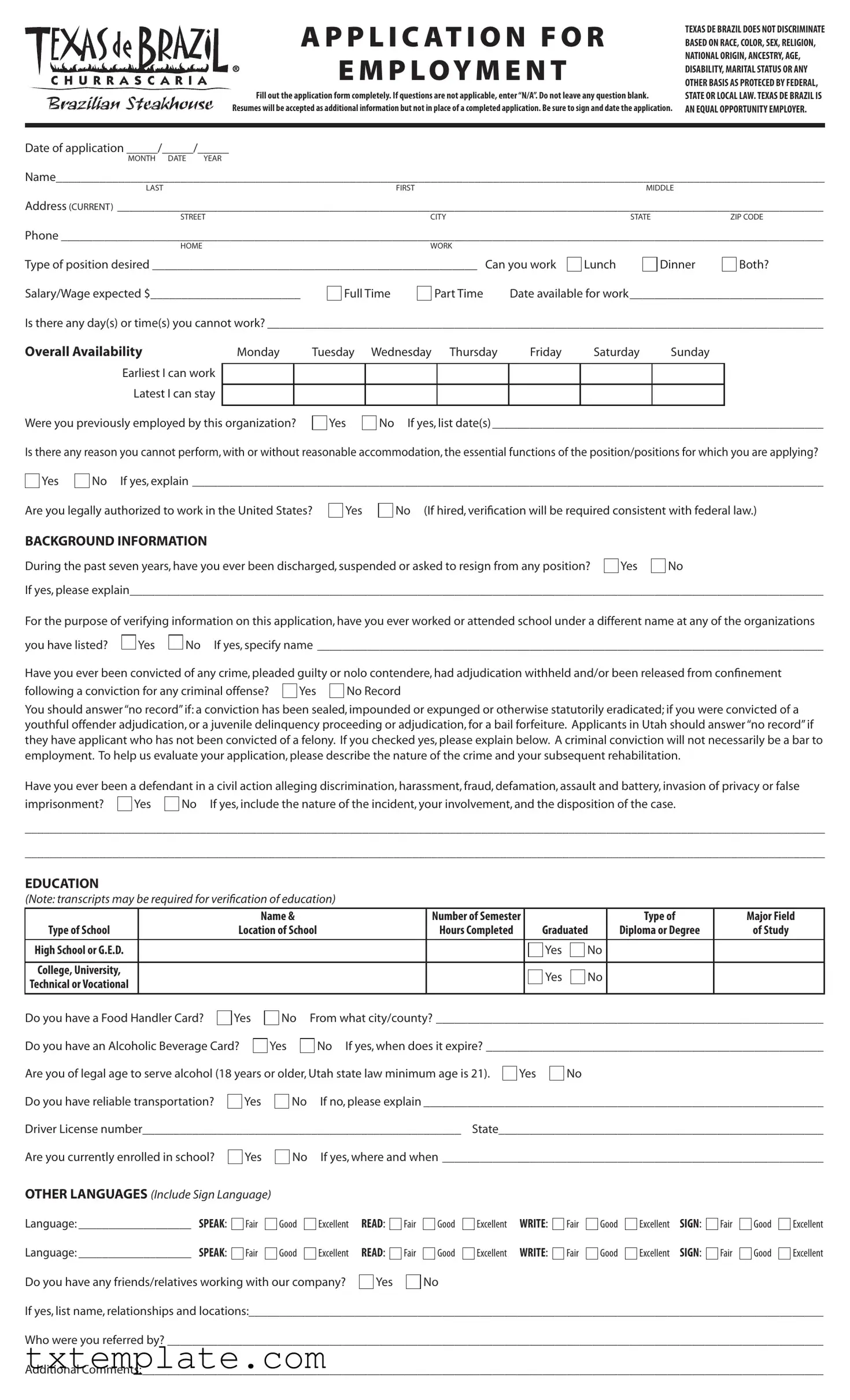 Download Application For Texas De Brazil Template