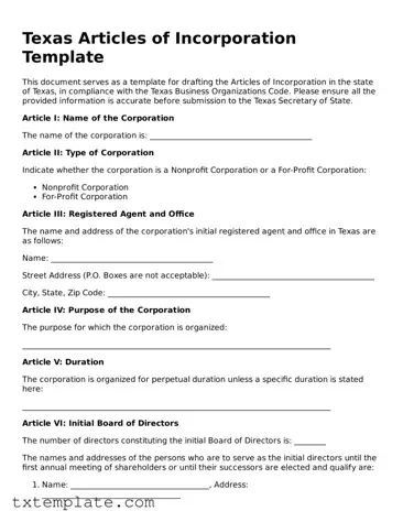 Fillable Texas Articles of Incorporation Form