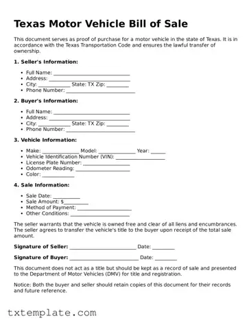 Fillable Texas Motor Vehicle Bill of Sale Form