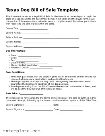Fillable Texas Dog Bill of Sale Form