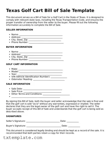 Fillable Texas Golf Cart Bill of Sale Form