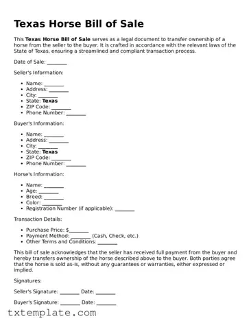 Fillable Texas Horse Bill of Sale Form