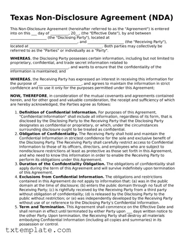 Fillable Texas Non-disclosure Agreement Form