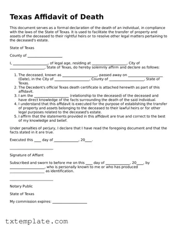 Fillable Texas Affidavit of Death Form