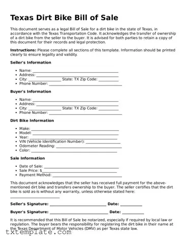 Fillable Texas Dirt Bike Bill of Sale Form