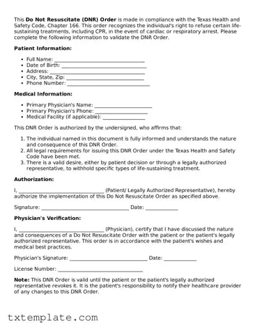 Fillable Texas Do Not Resuscitate Order Form
