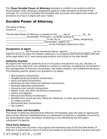 Fillable Texas Durable Power of Attorney Form