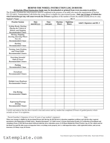 Download Texas Dps Driving Log Template