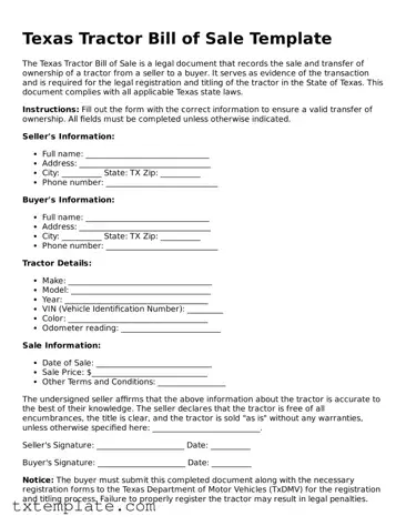 Fillable Texas Tractor Bill of Sale Form