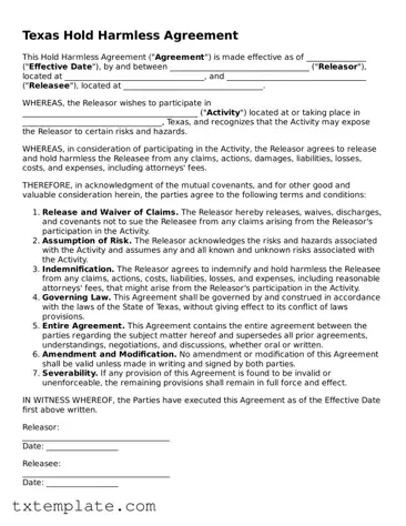 Fillable Texas Hold Harmless Agreement Form