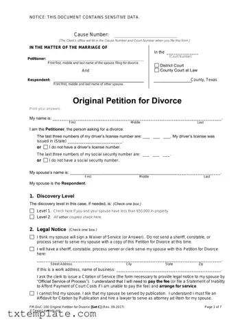 Download Texas Law Help FM-DivC-100 Original Petition for Divorce Set C Template