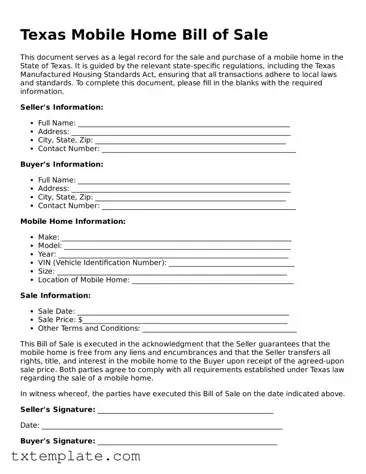 Fillable Texas Mobile Home Bill of Sale Form