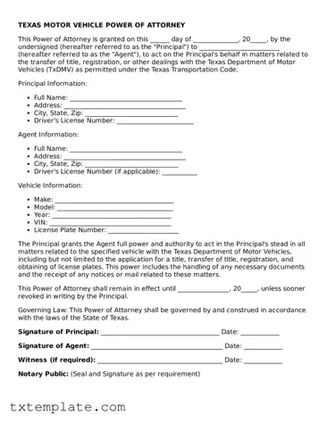 Fillable Texas Motor Vehicle Power of Attorney Form