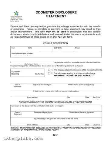 Download Texas Odometer Statement Template