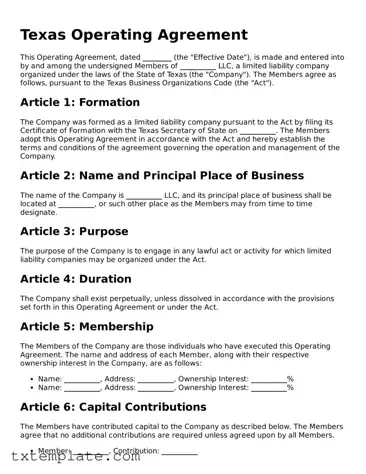 Fillable Texas Operating Agreement Form