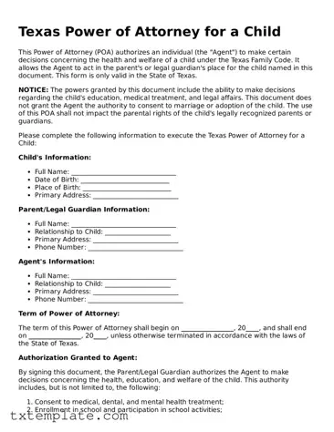 Fillable Texas Power of Attorney for a Child Form