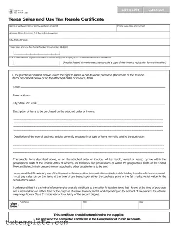 Download Texas Resale Certificate 01 339 Template