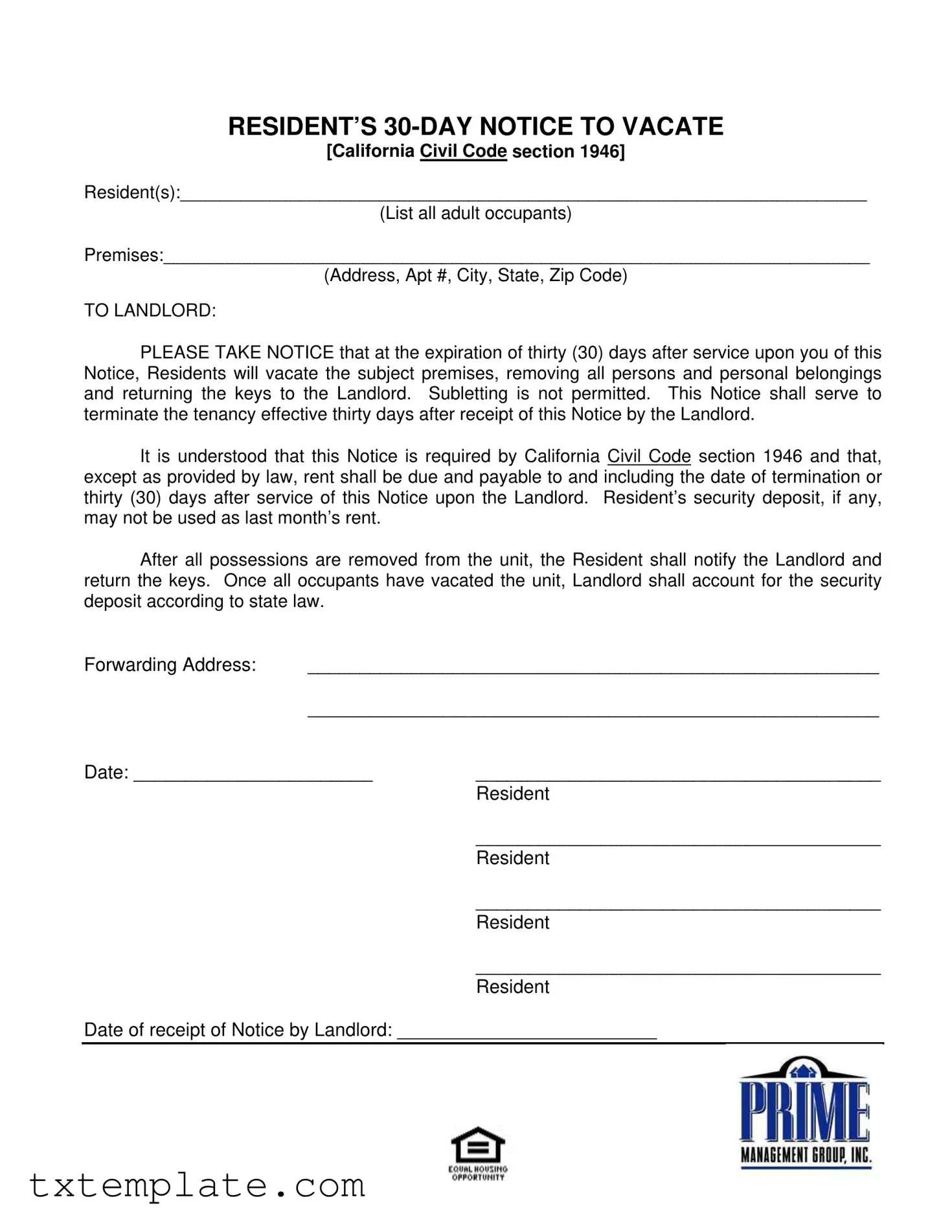 Download Texas 30 Day Notice To Vacate Template