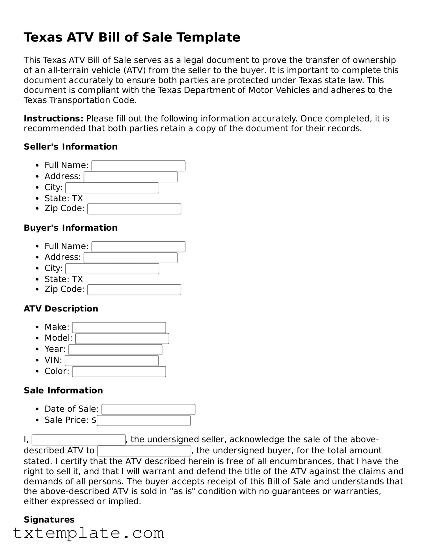 Fillable Texas ATV Bill of Sale Form