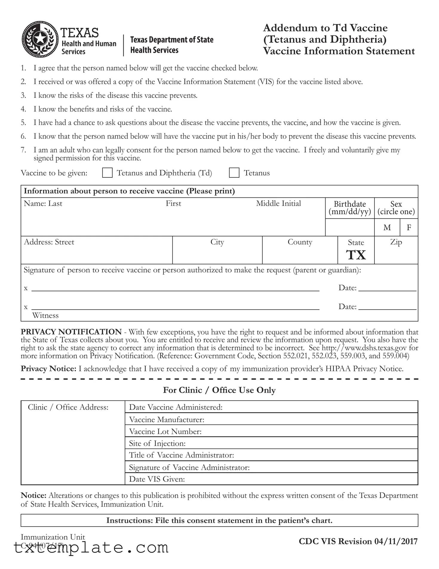 Download Texas Addendum To Tdap Vaccine Template