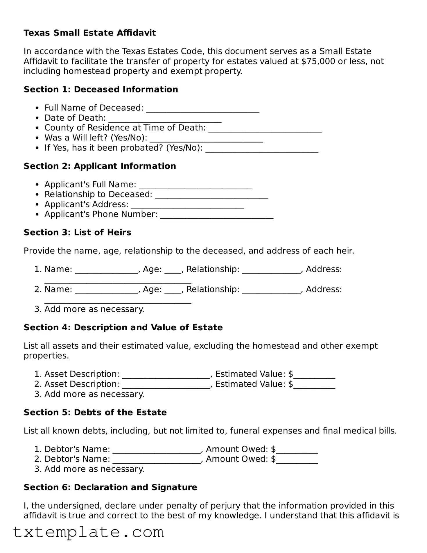 Fillable Texas Small Estate Affidavit Form