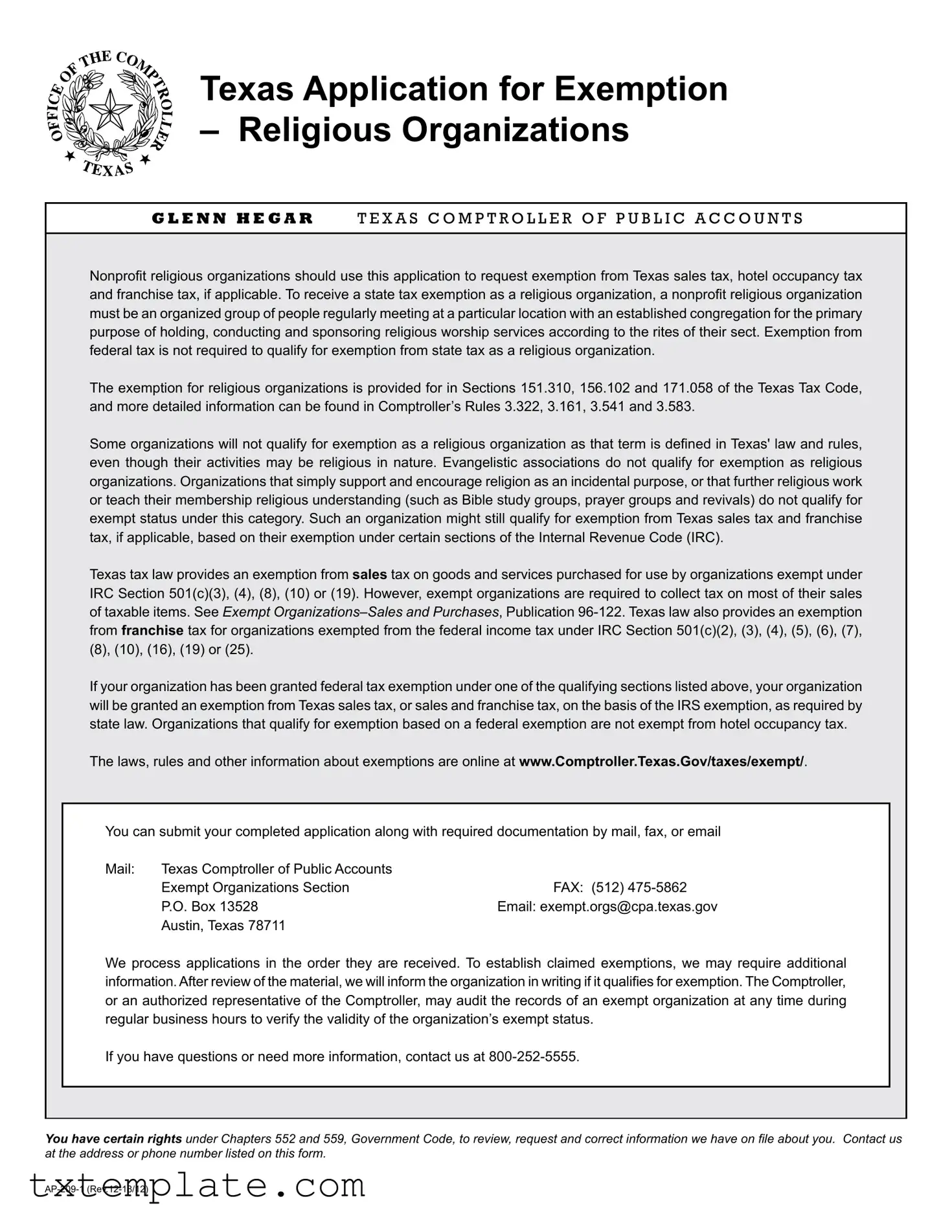 Download Texas Application Exemption Template