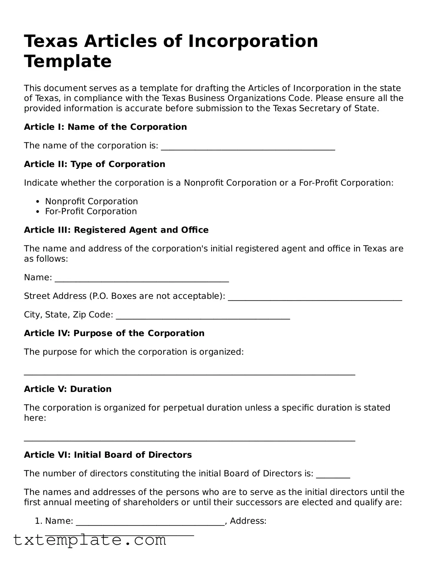 Fillable Texas Articles of Incorporation Form