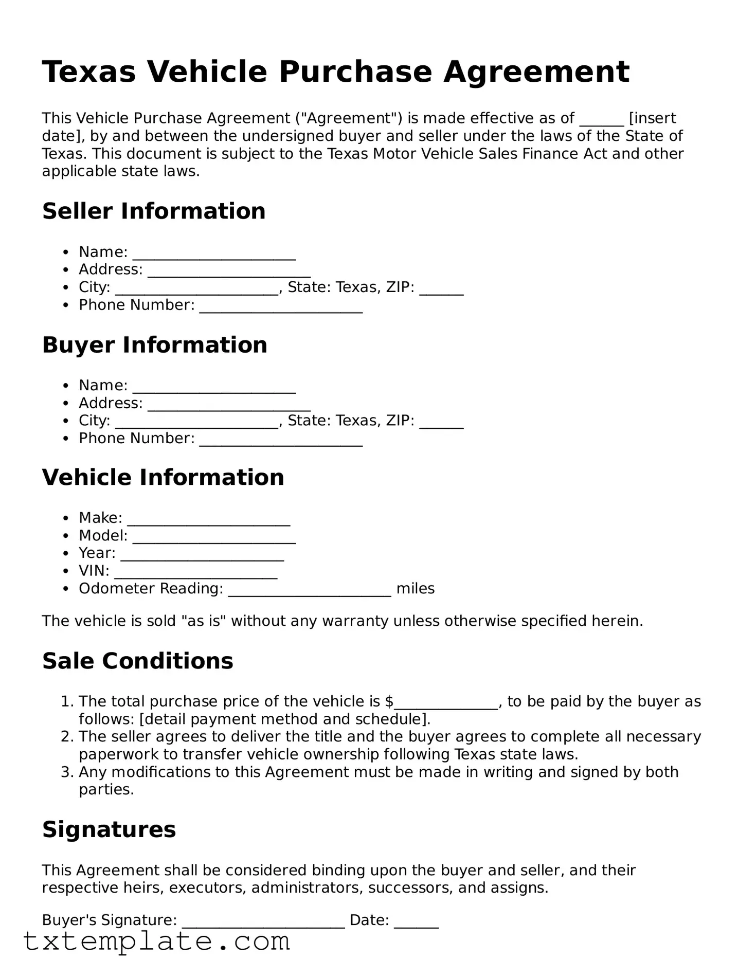 Fillable Texas Vehicle Purchase Agreement Form