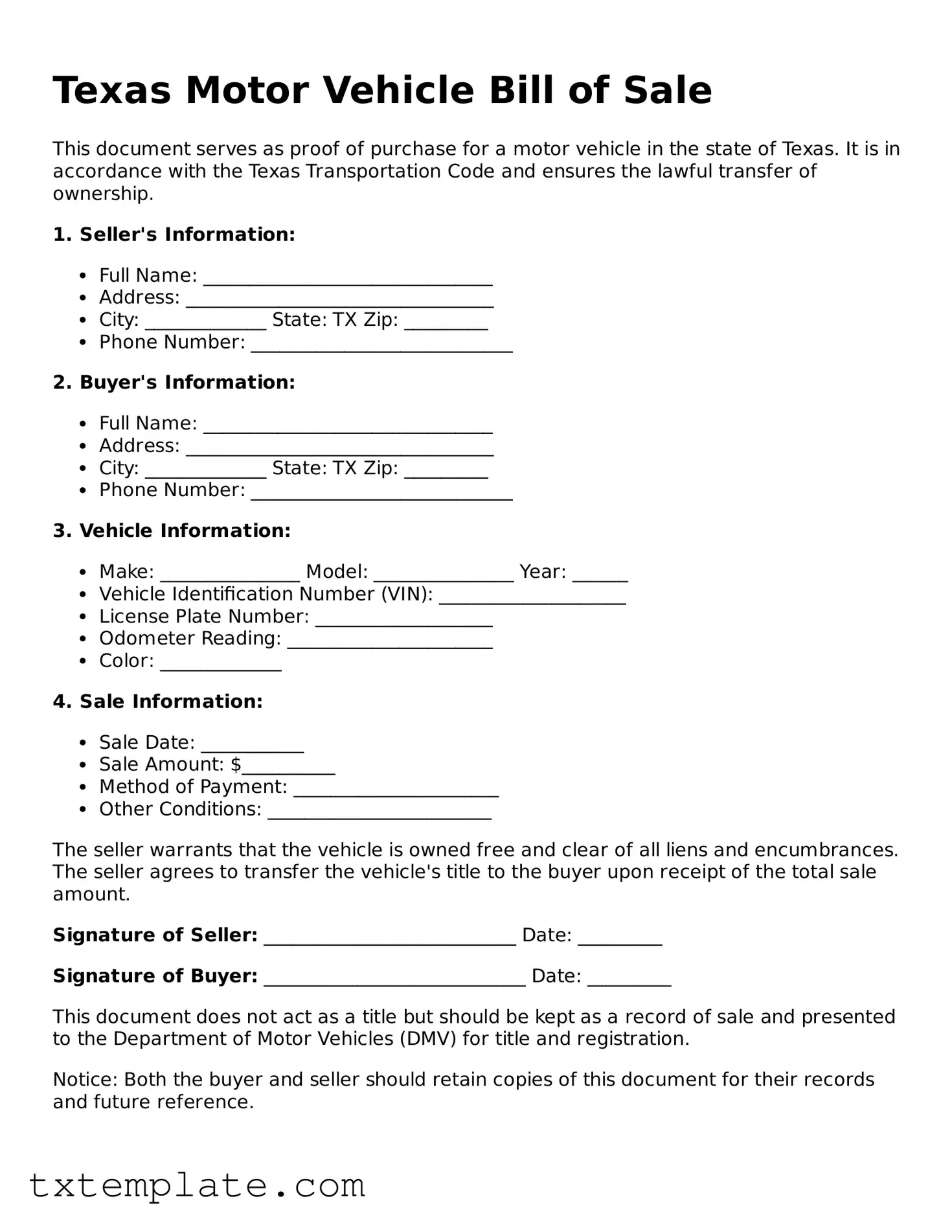 Fillable Texas Motor Vehicle Bill of Sale Form