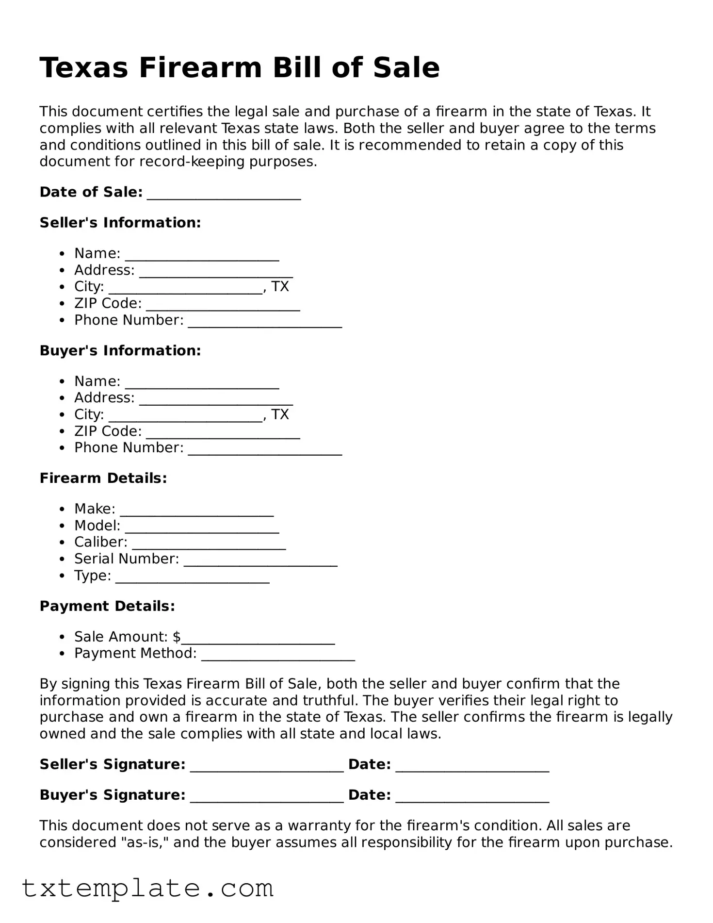 Fillable Texas Firearm Bill of Sale Form