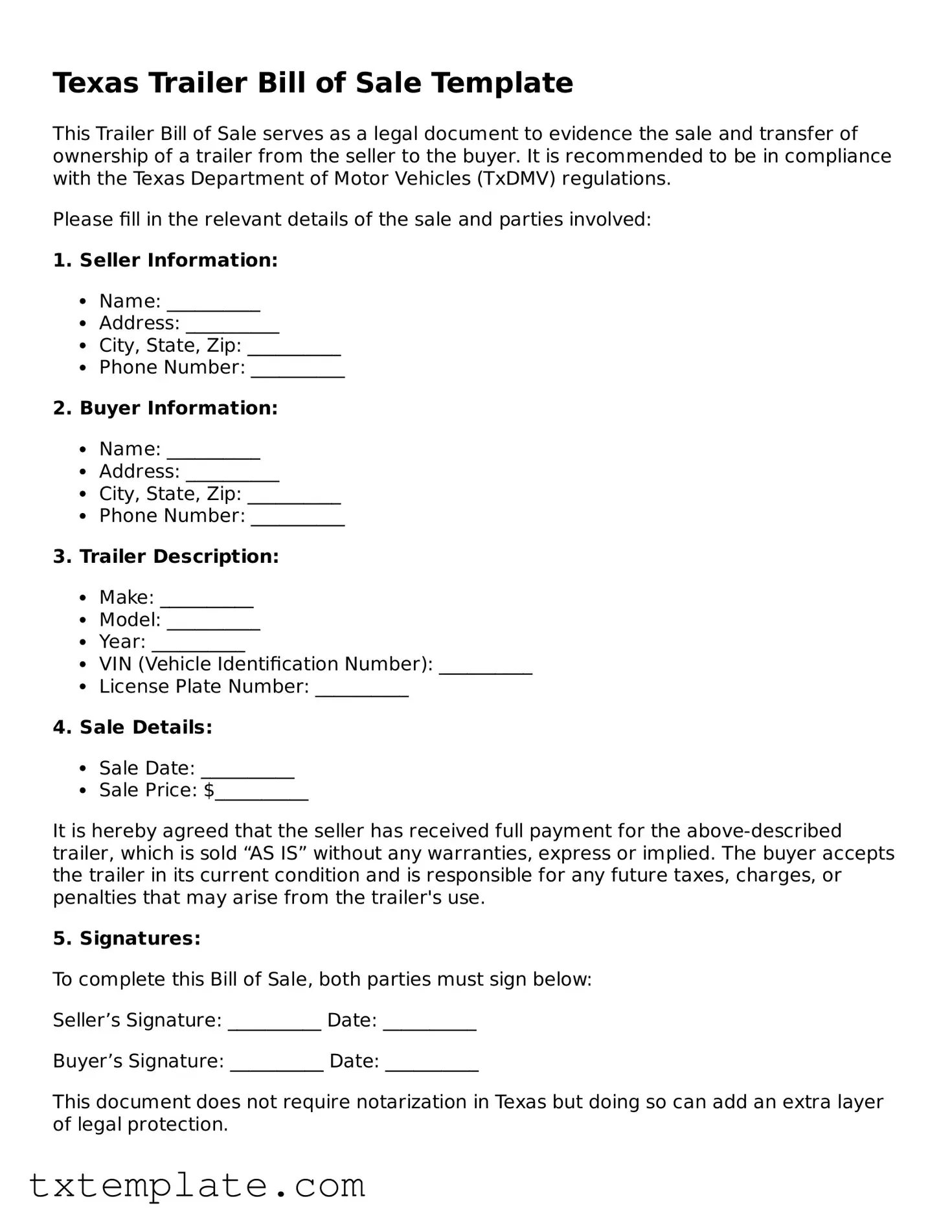 Fillable Texas Trailer Bill of Sale Form