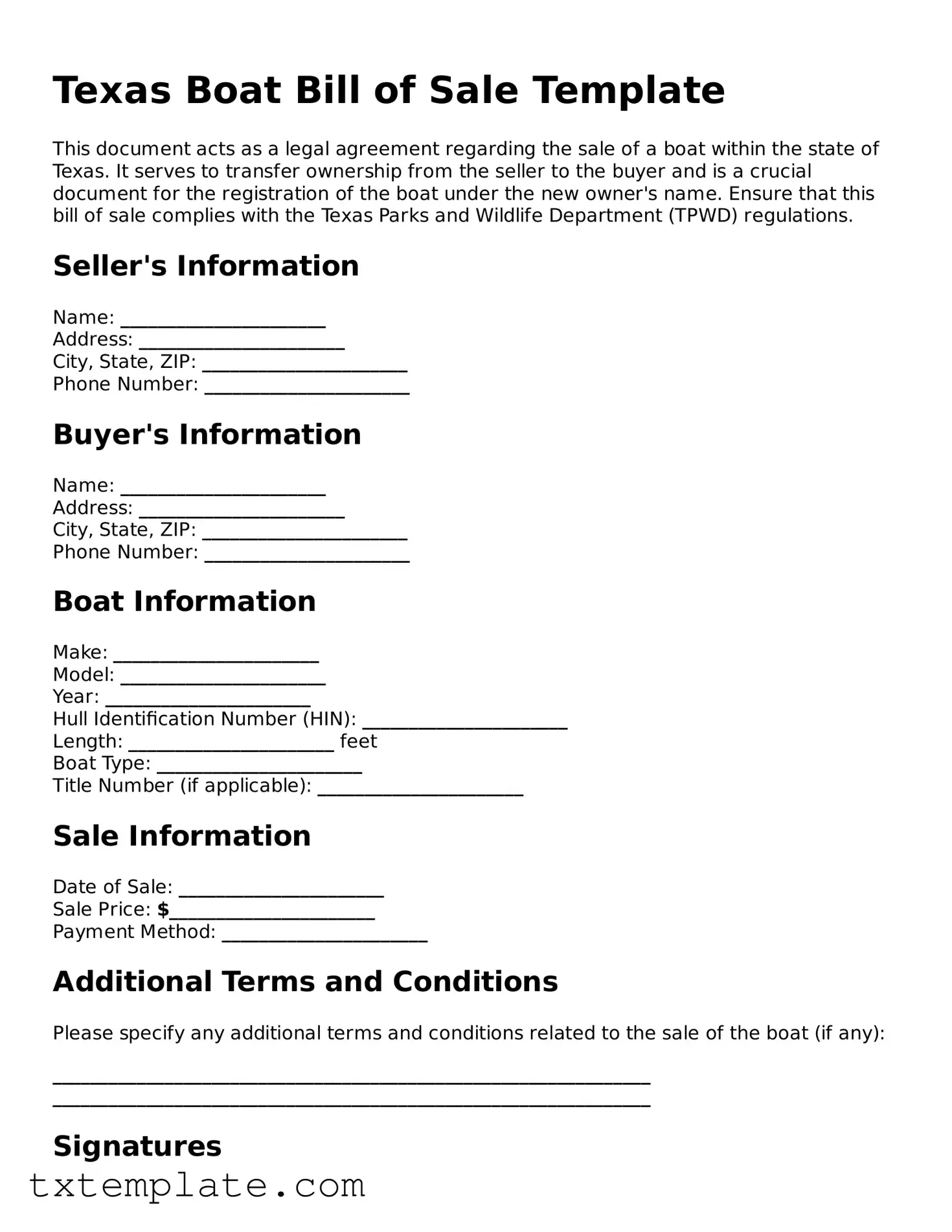 Fillable Texas Boat Bill of Sale Form
