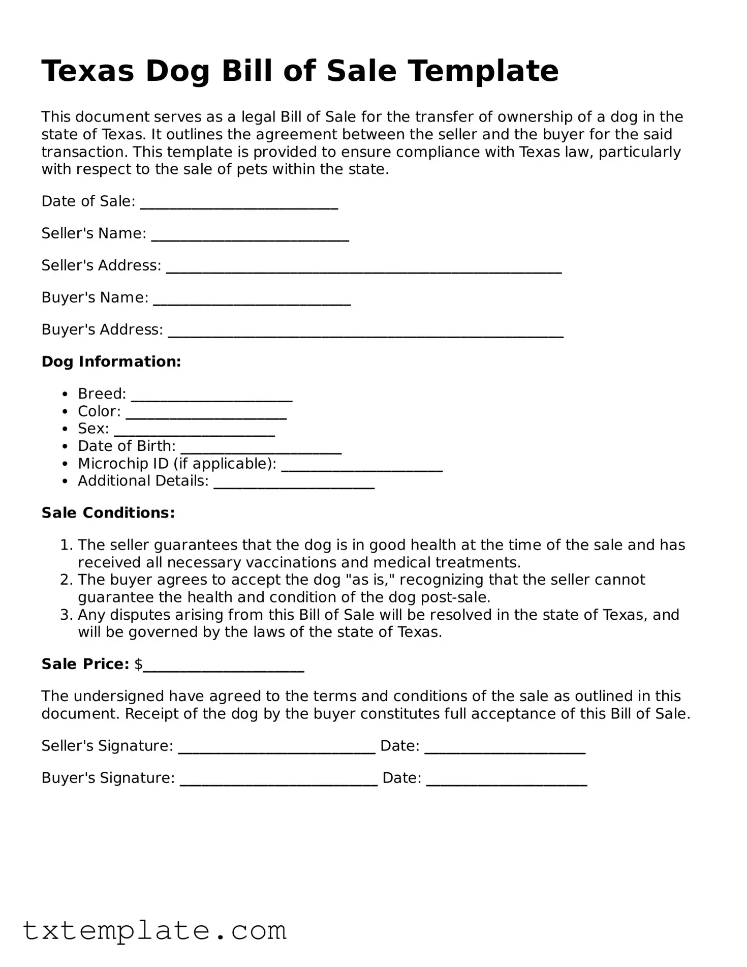 Fillable Texas Dog Bill of Sale Form