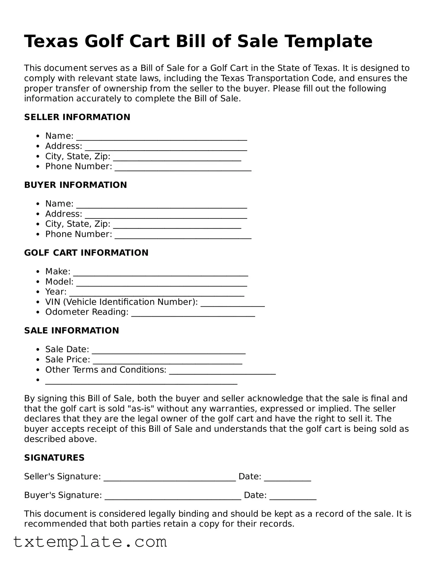 Fillable Texas Golf Cart Bill of Sale Form