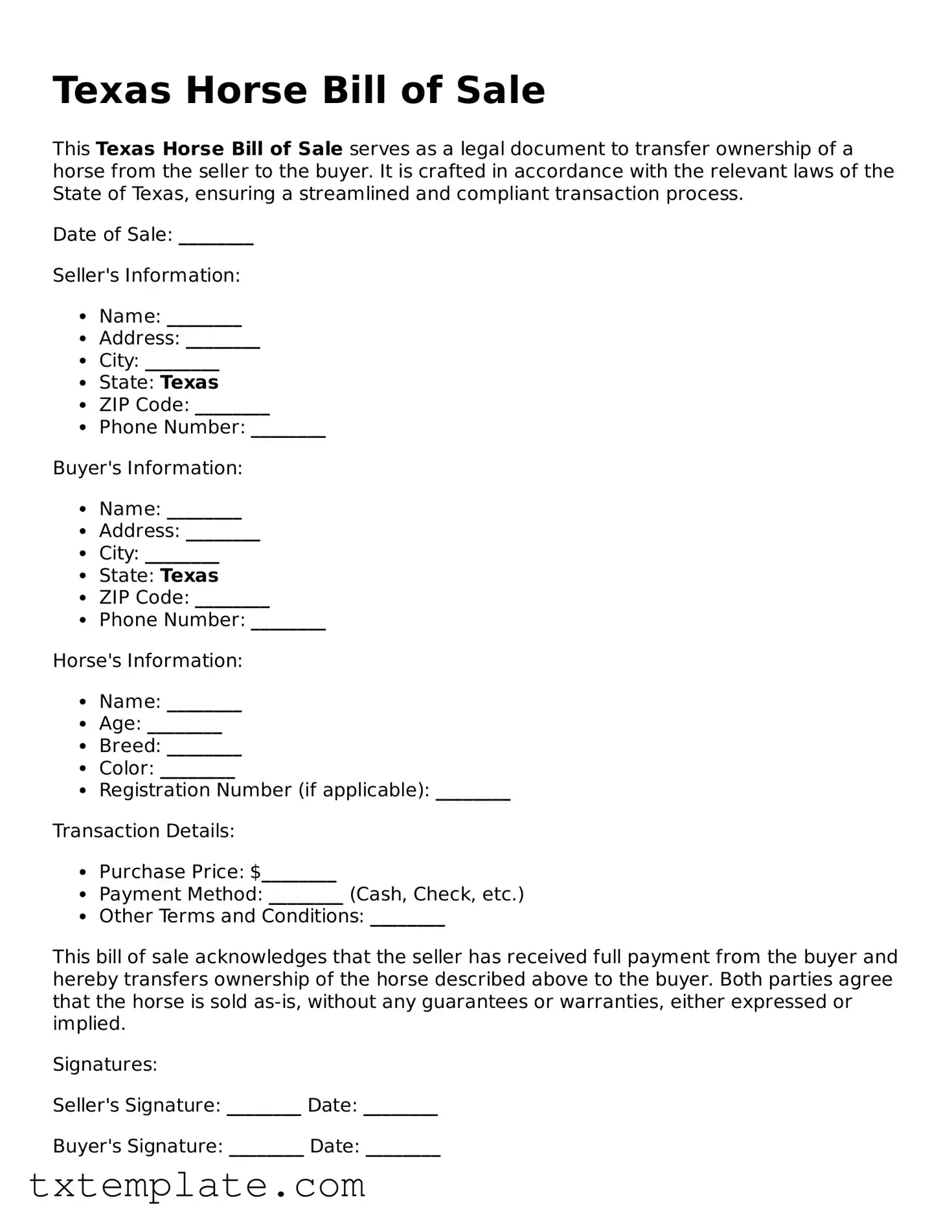 Fillable Texas Horse Bill of Sale Form