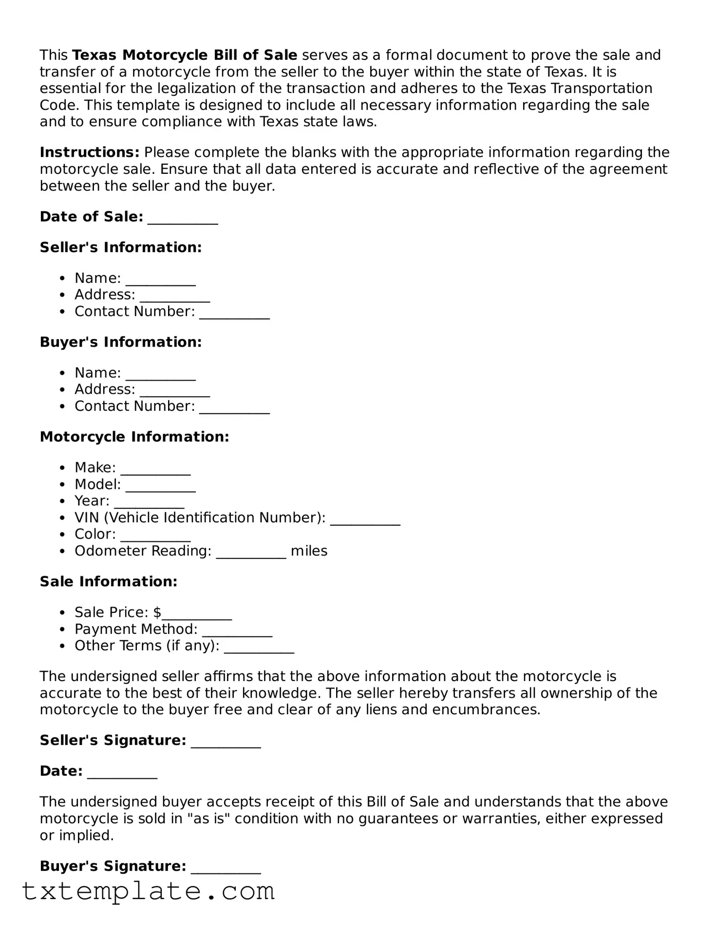 Fillable Texas Motorcycle Bill of Sale Form