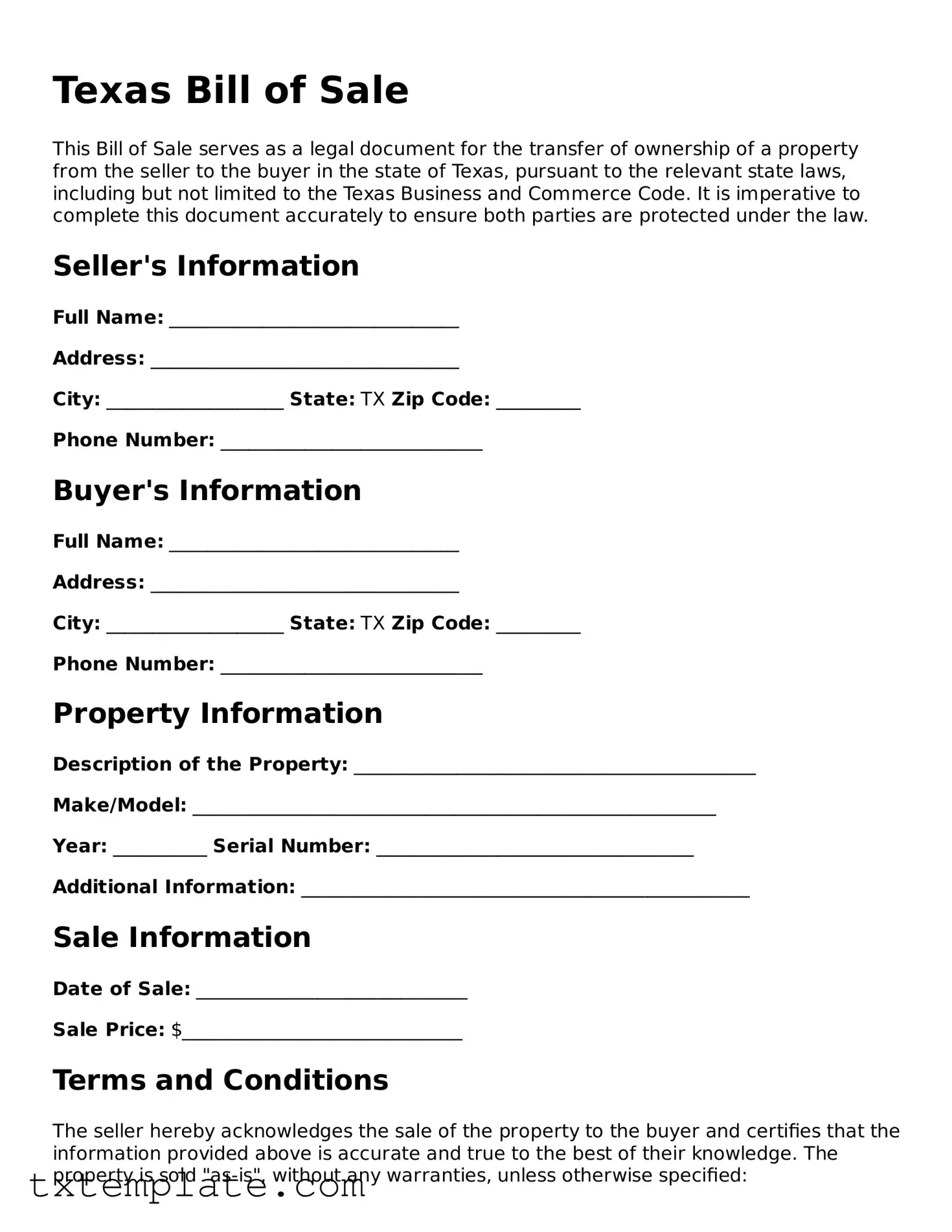 Fillable Texas Bill of Sale Form