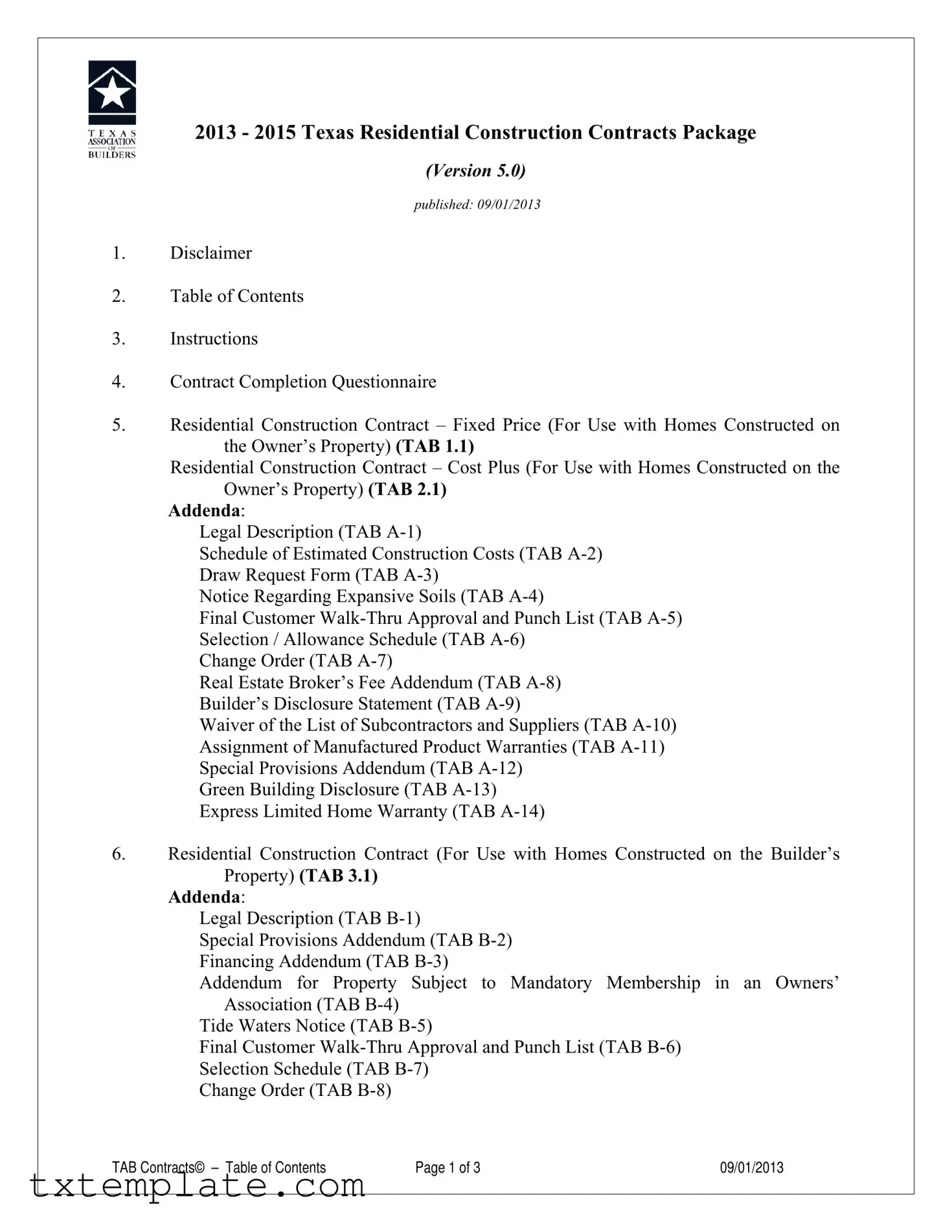 Download Texas Builders Association Fixed Cost Template