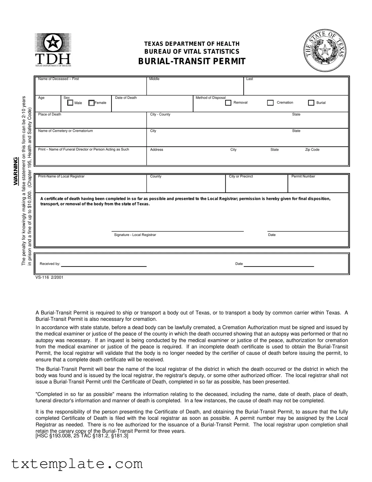 Download Texas Burial Transit Permit Template