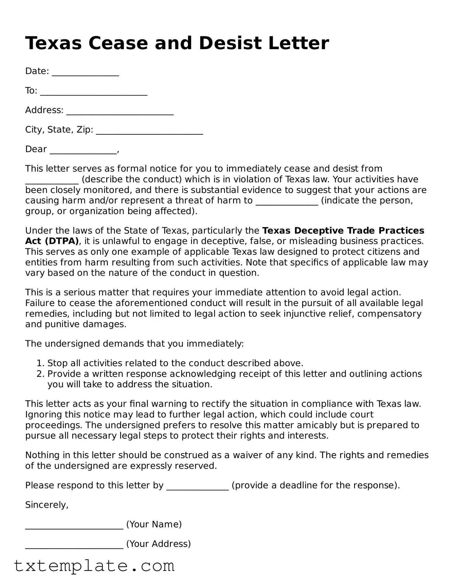 Fillable Texas Cease and Desist Letter Form