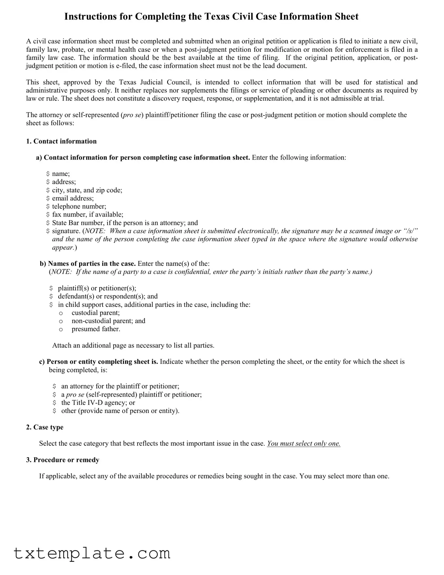 Download Texas Civil Case Information Sheet Template