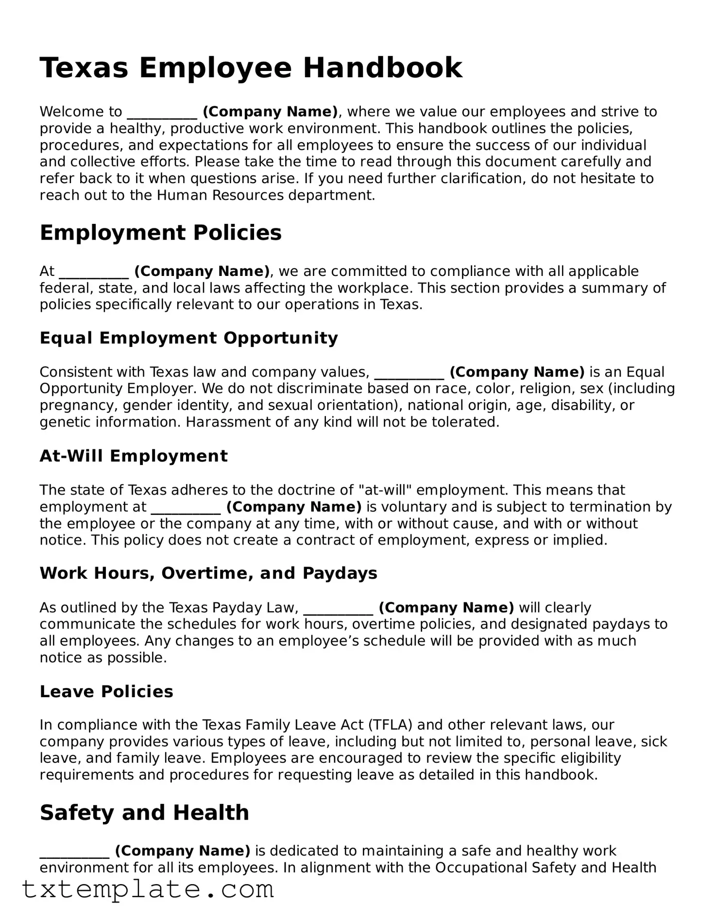 Fillable Texas Employee Handbook Form