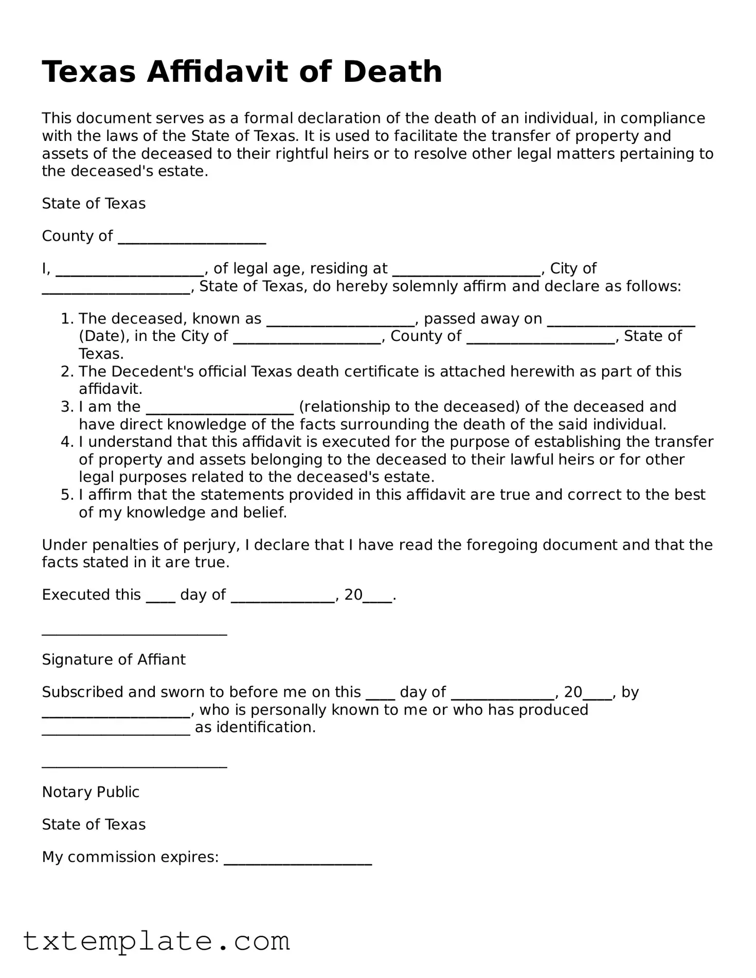 Fillable Texas Affidavit of Death Form