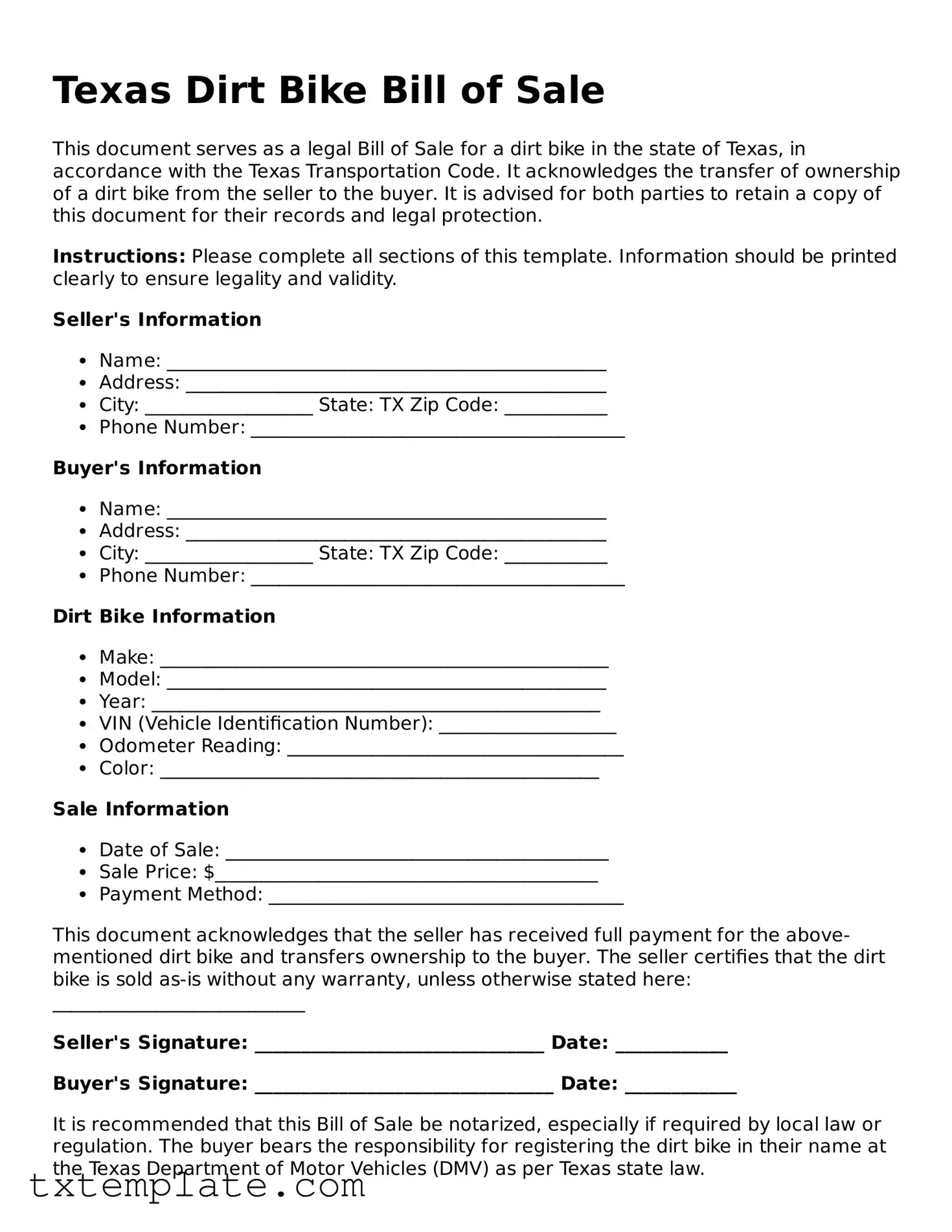 Fillable Texas Dirt Bike Bill of Sale Form