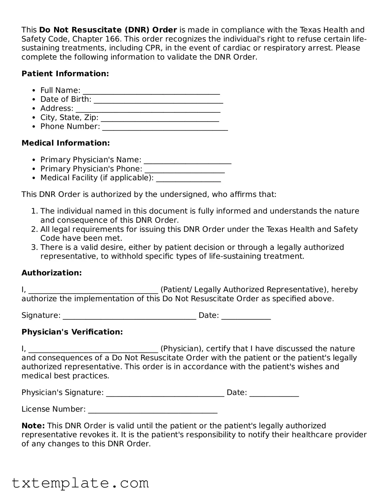 Fillable Texas Do Not Resuscitate Order Form