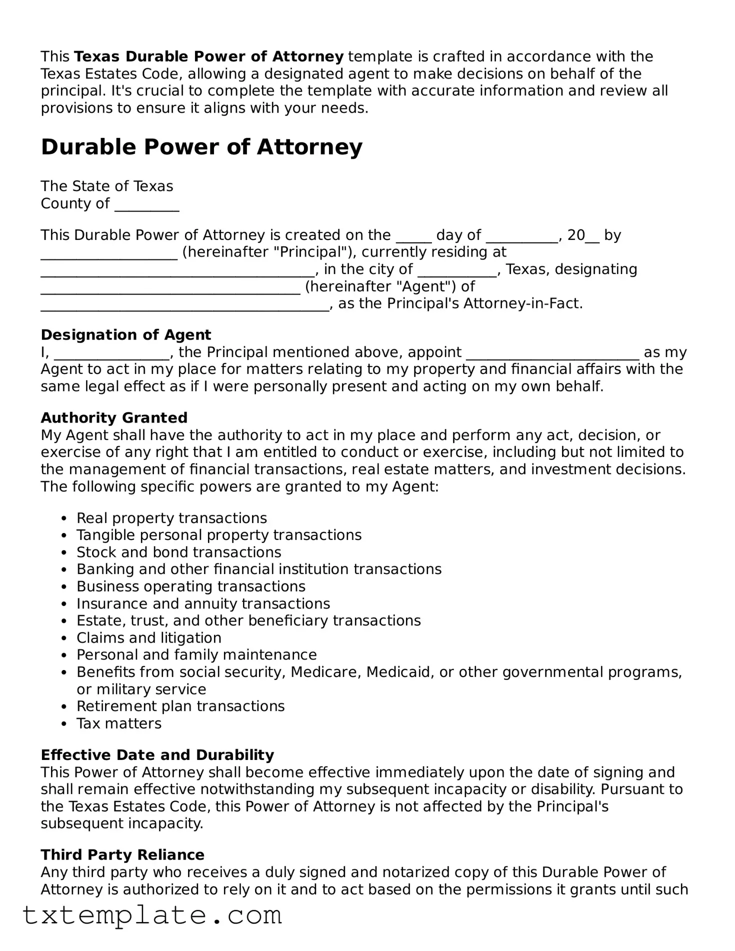 Fillable Texas Durable Power of Attorney Form