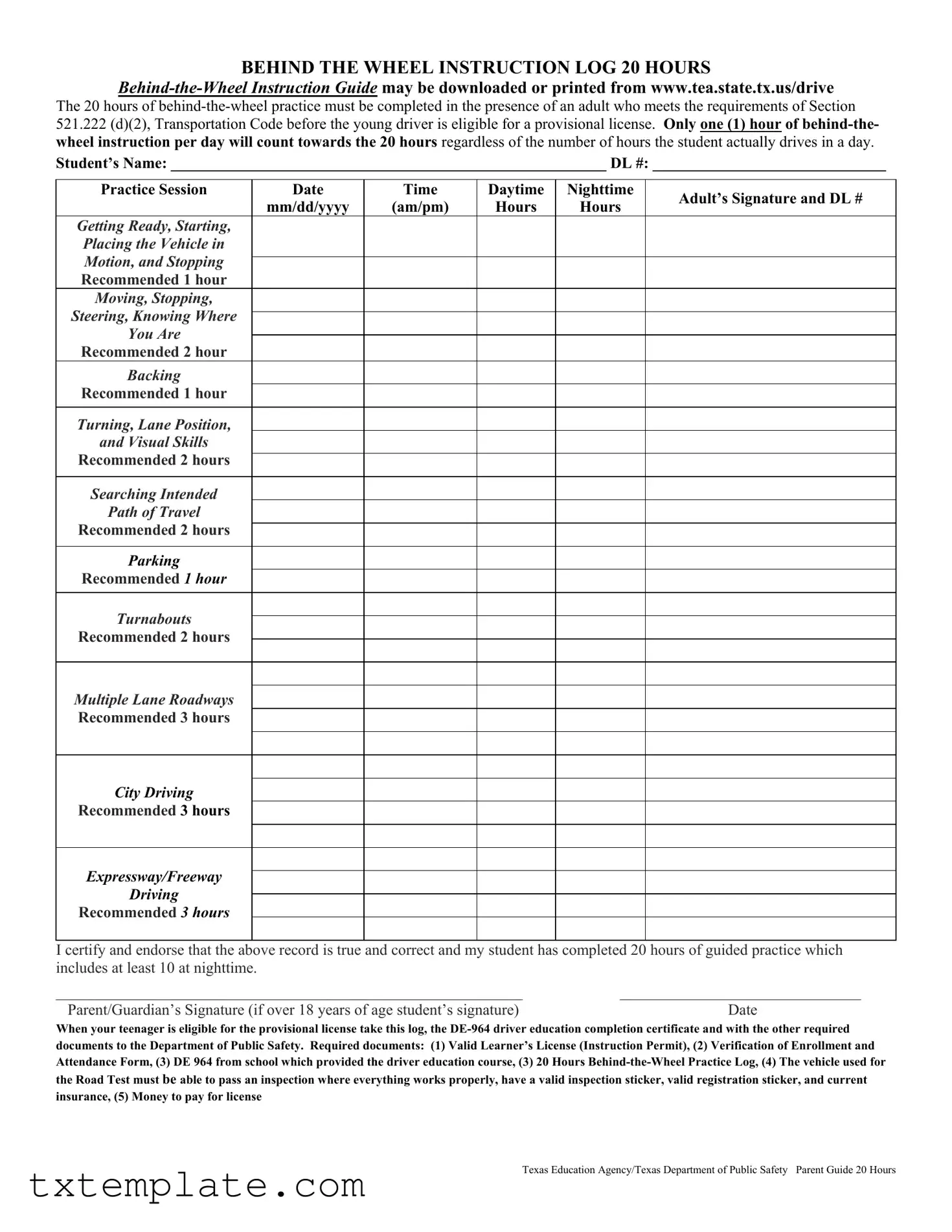 Download Texas Dps Driving Log Template