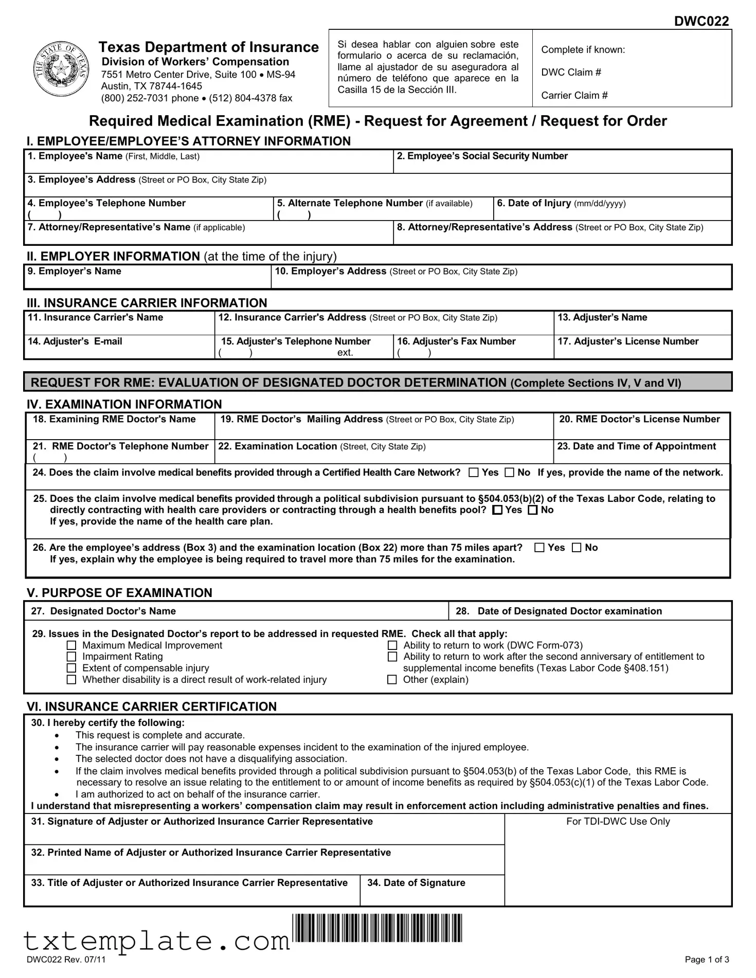 Download Texas Dwc022 Template