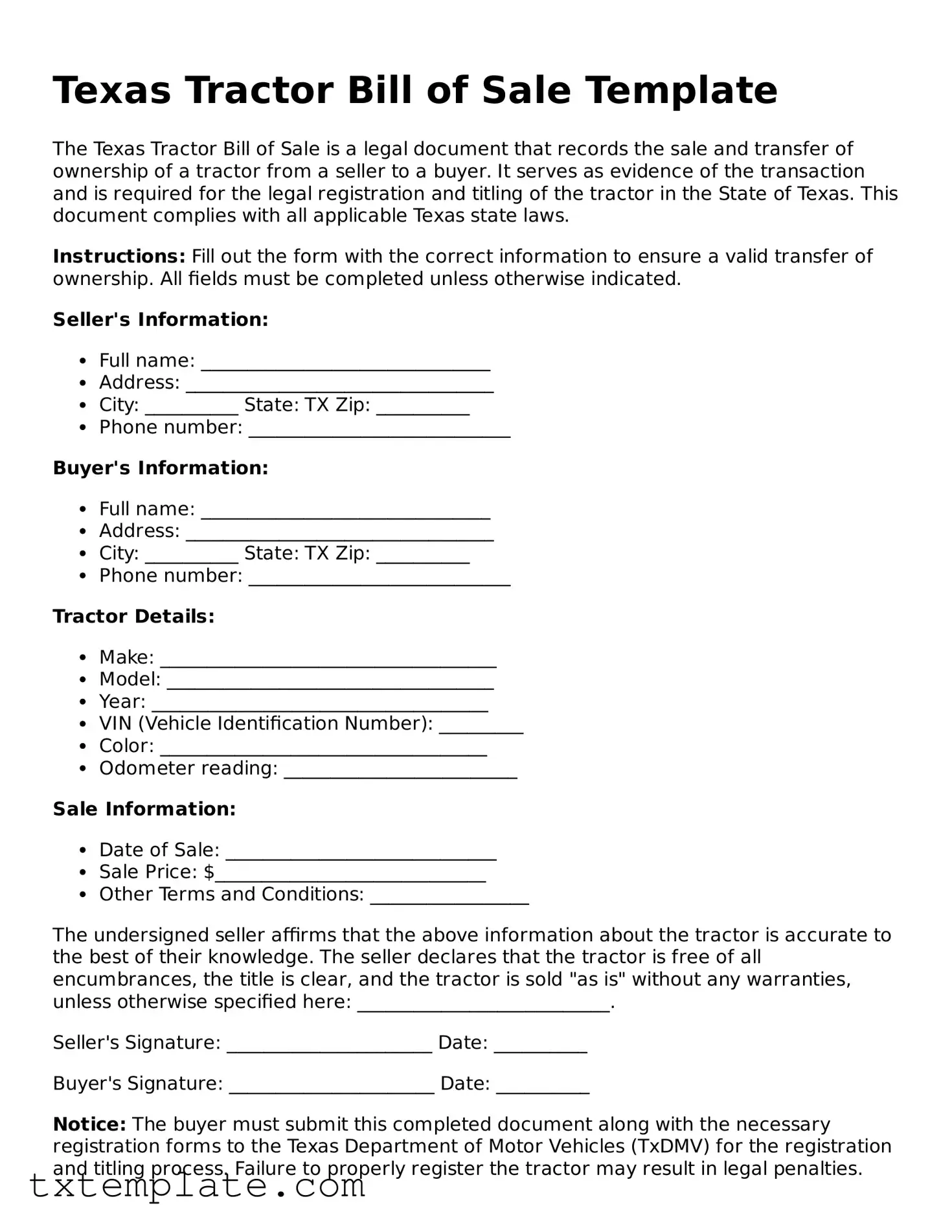 Fillable Texas Tractor Bill of Sale Form