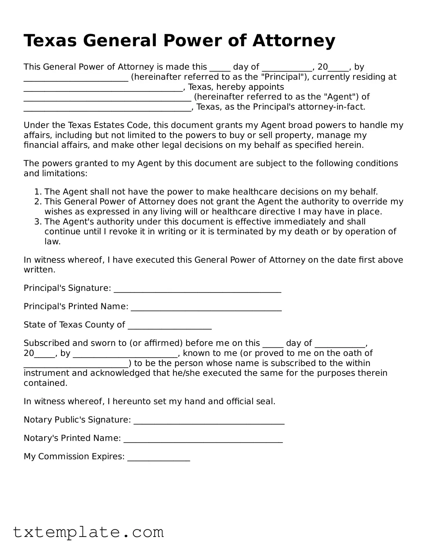 Fillable Texas General Power of Attorney Form